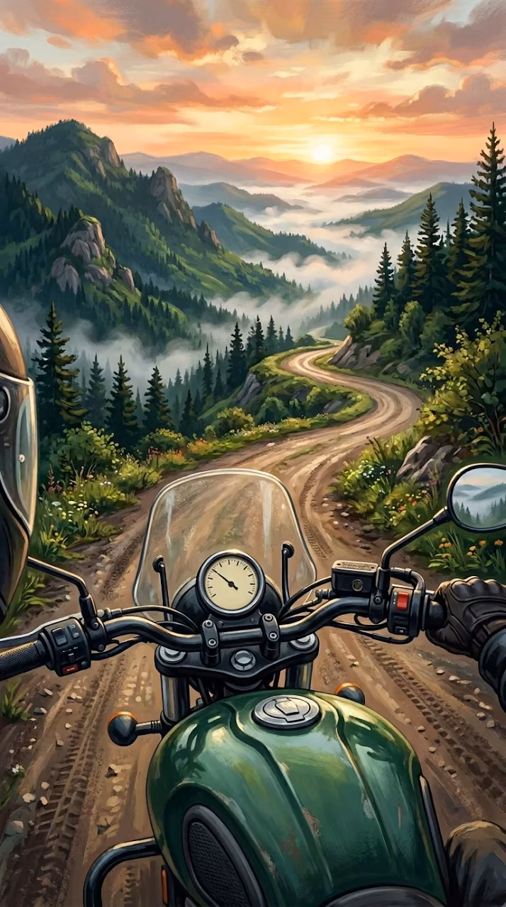 Point of View Illustration of a Motorcycle on a Winding Mountain Road at Dawn - Free Mobile AMOLED Wallpaper Background