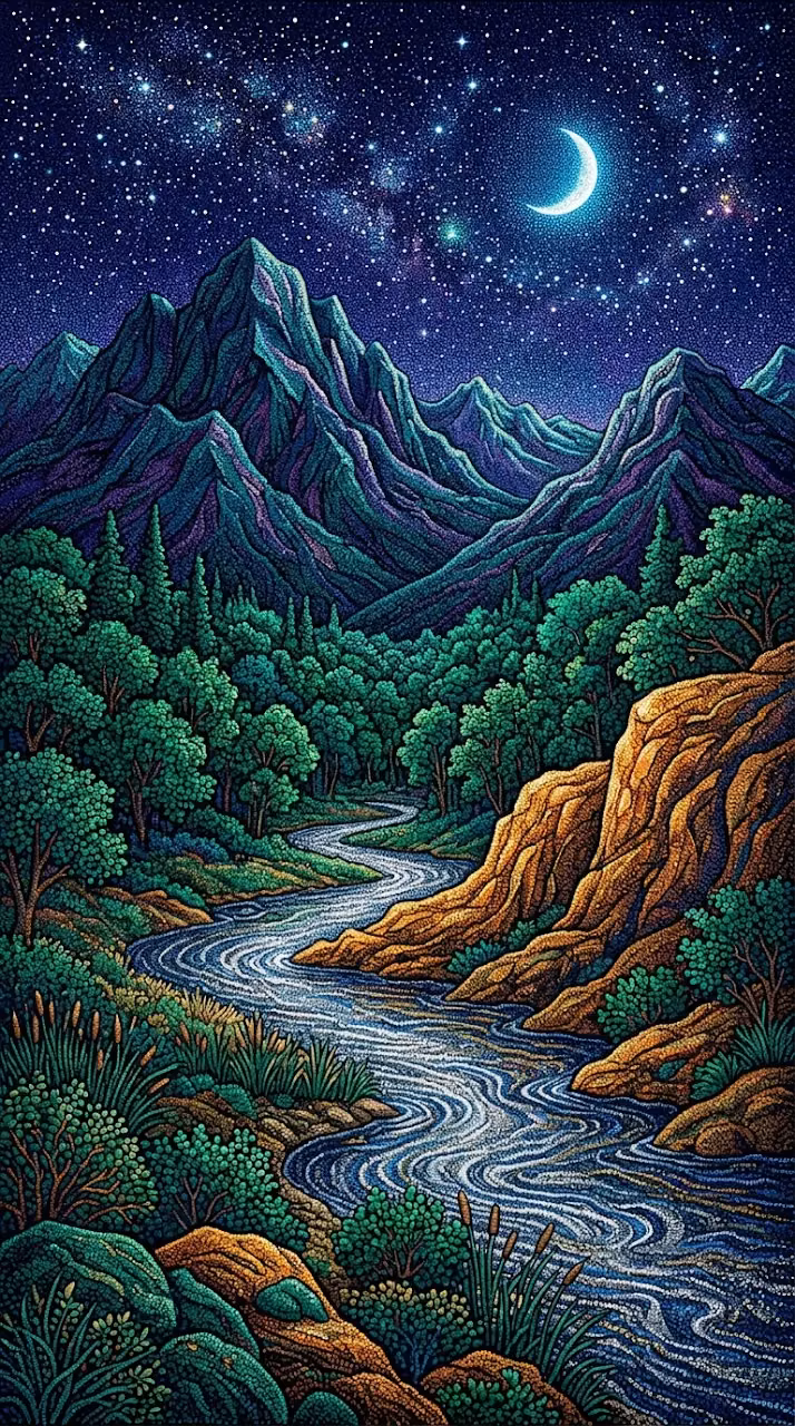 Download Pointillist Fantasy Landscape with Crescent Moon and Indigo Mountains Wallpaper in Mobile HD Pointillist Fantasy Landscape with Crescent Moon and Indigo Mountains - Free Mobile AMOLED Wallpaper Background
