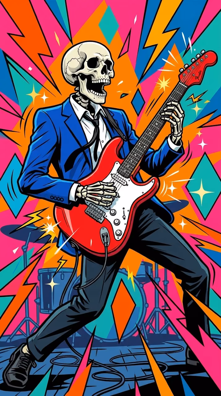 Pop Art Illustration of a Skeleton Playing an Electric Guitar - Free Mobile AMOLED Wallpaper Background