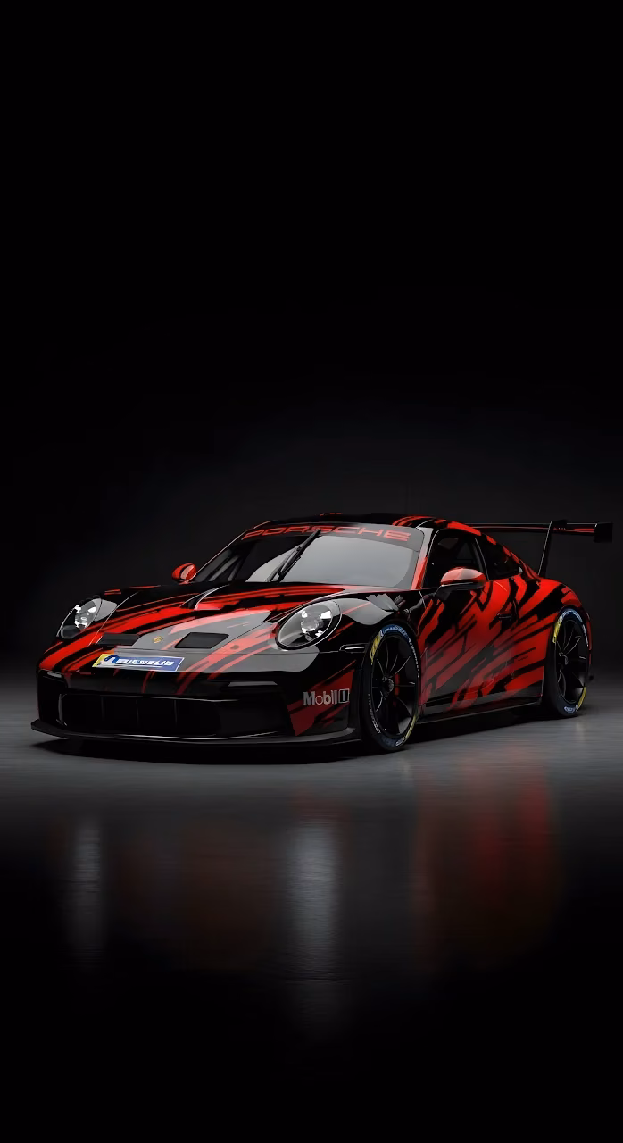 Porsche 911 GT3 Race Car with Red Abstract Livery - Free Mobile AMOLED Wallpaper Background