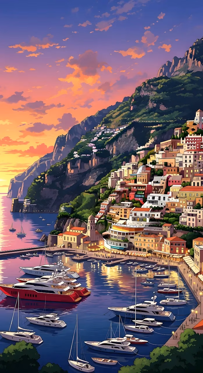 Positano Amalfi Coast Sunset Harbor Yachts Illustration - Free Mobile AMOLED Wallpaper Background