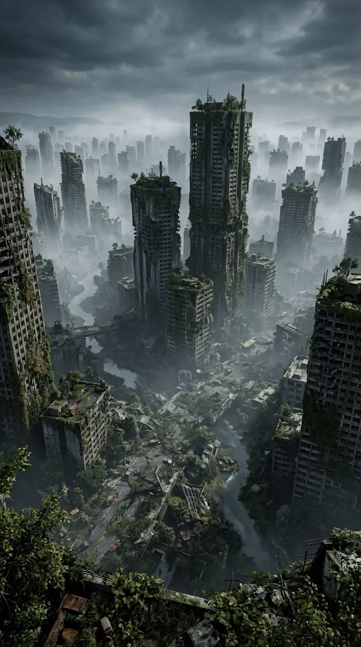 Post-Apocalyptic Cityscape with Overgrown Skyscrapers and Mist - Free Mobile AMOLED Wallpaper Background