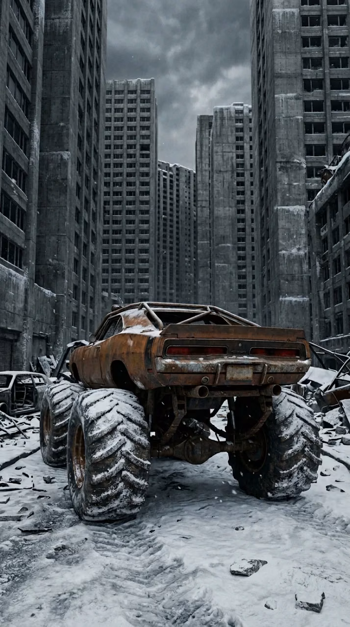 Download Post-Apocalyptic Off-Road Muscle Car in Industrial Ruins Wallpaper in Mobile HD Post-Apocalyptic Off-Road Muscle Car in Industrial Ruins - Free Mobile AMOLED Wallpaper Background