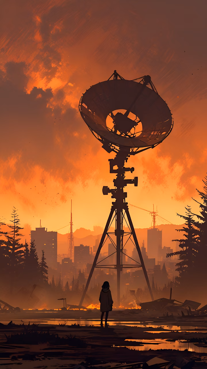 Post Apocalyptic Satellite Dish Orange Sunset Cityscape - Free Mobile AMOLED Wallpaper Background