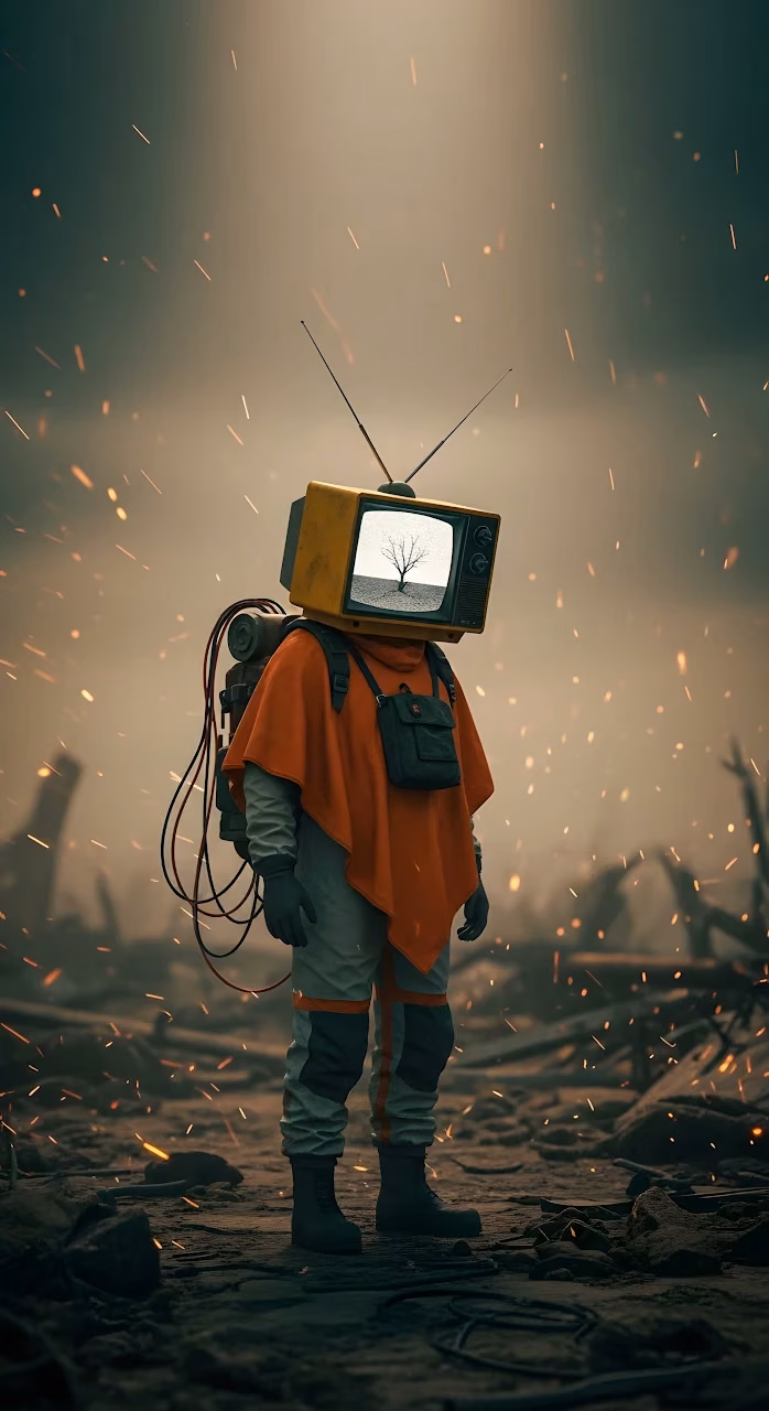 Post-Apocalyptic TV Head Figure with Tree on Screen - Free Mobile AMOLED Wallpaper Background