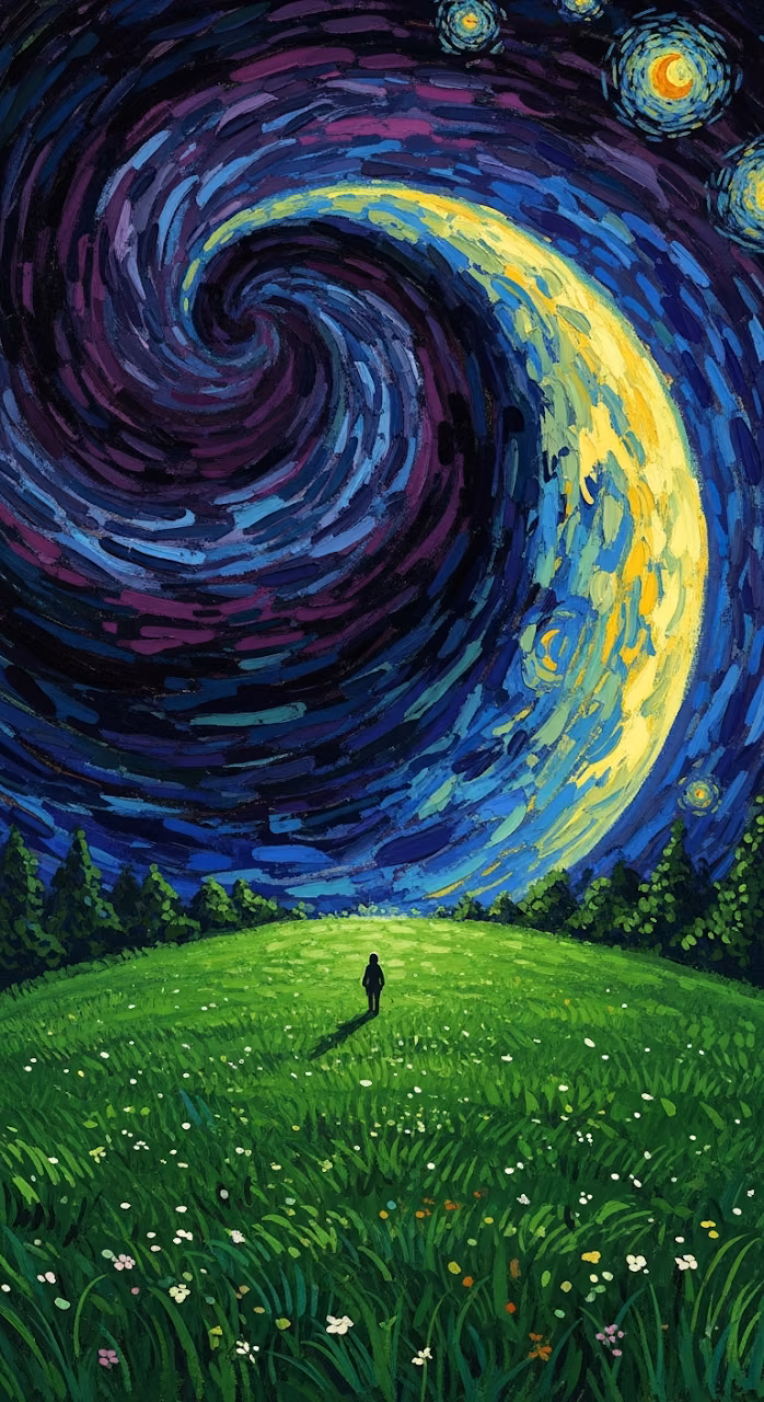 Download Post-Impressionist Painting of Lone Figure and Massive Cosmic Body Over a Grassy Field Wallpaper in Mobile HD Post-Impressionist Painting of Lone Figure and Massive Cosmic Body Over a Grassy Field - Free Mobile AMOLED Wallpaper Background