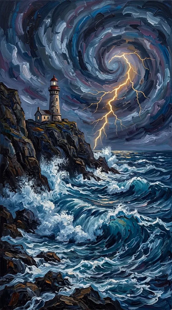 Download Post-Impressionist Style Art of Stormy Sea and Lighthouse Wallpaper in Mobile HD Post-Impressionist Style Art of Stormy Sea and Lighthouse - Free Mobile AMOLED Wallpaper Background