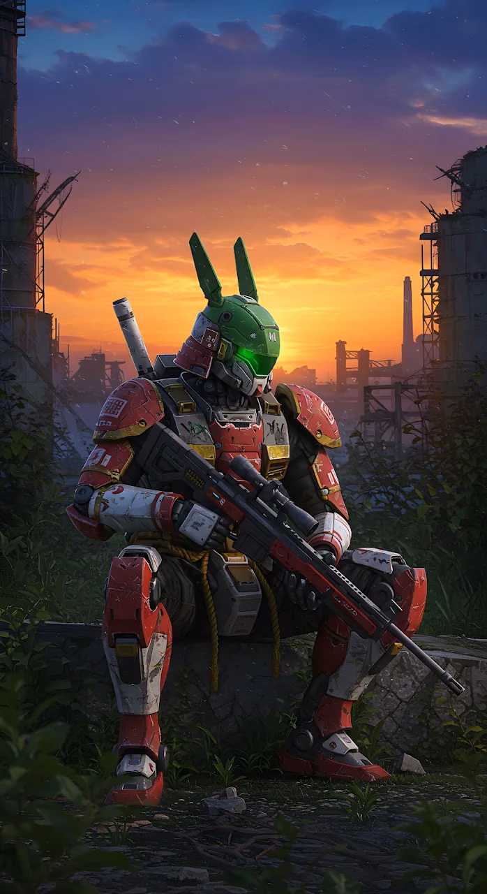 Postapocalyptic Mecha Soldier with Bunny Helmet at Sunset - Free Mobile AMOLED Wallpaper Background