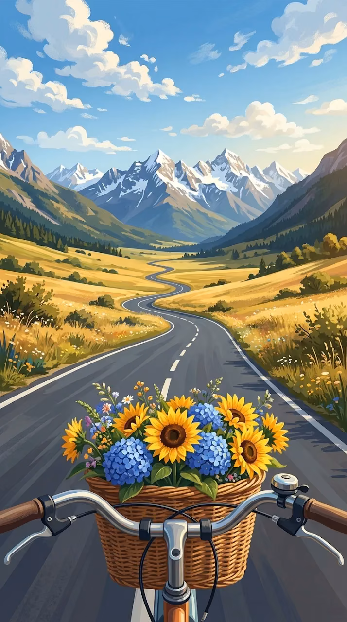 POV Illustration of a Flower-Filled Bicycle Basket Overlooking a Mountain Valley - Free Mobile AMOLED Wallpaper Background