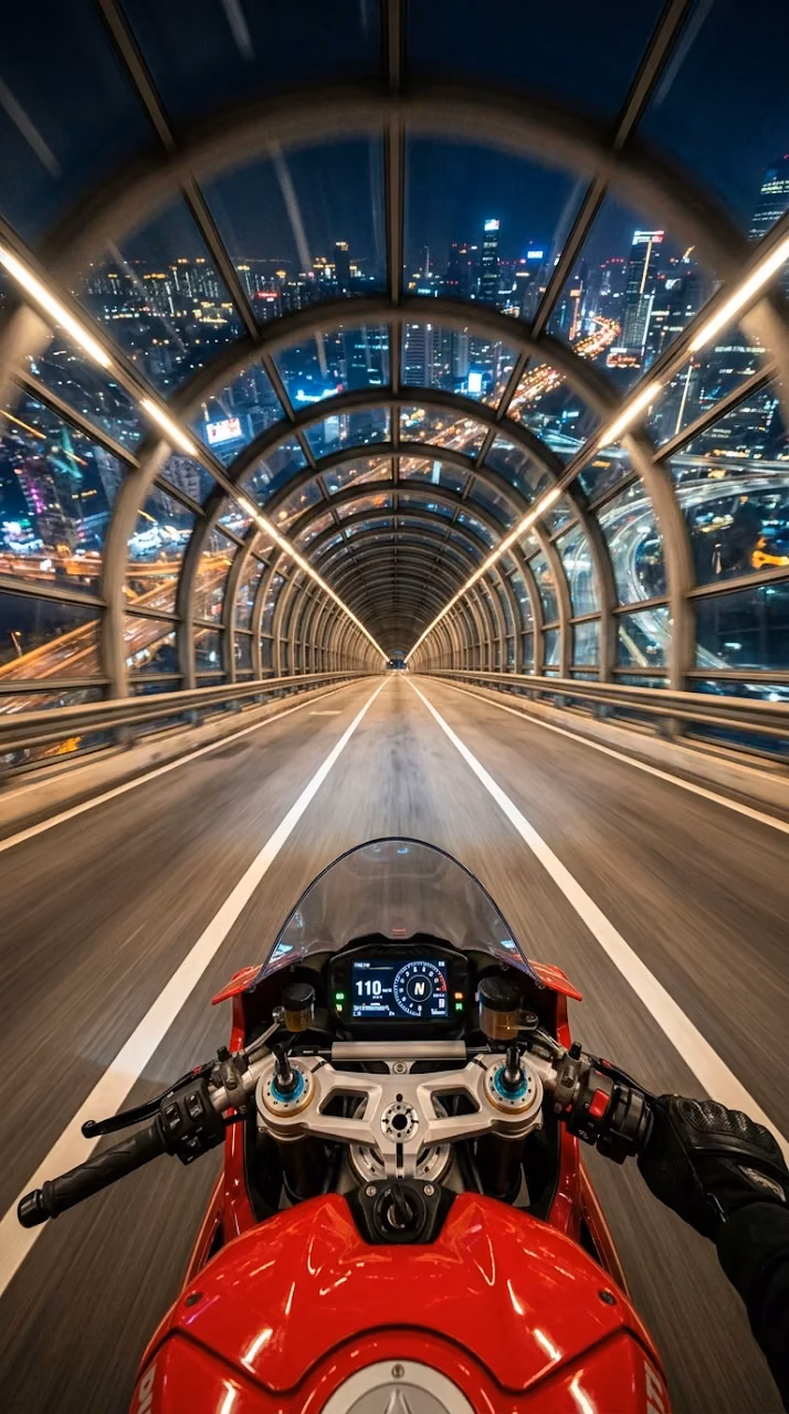 Download POV Motorcycle Ride Through Glass Tunnel Over City at Night Wallpaper in Mobile HD POV Motorcycle Ride Through Glass Tunnel Over City at Night - Free Mobile AMOLED Wallpaper Background