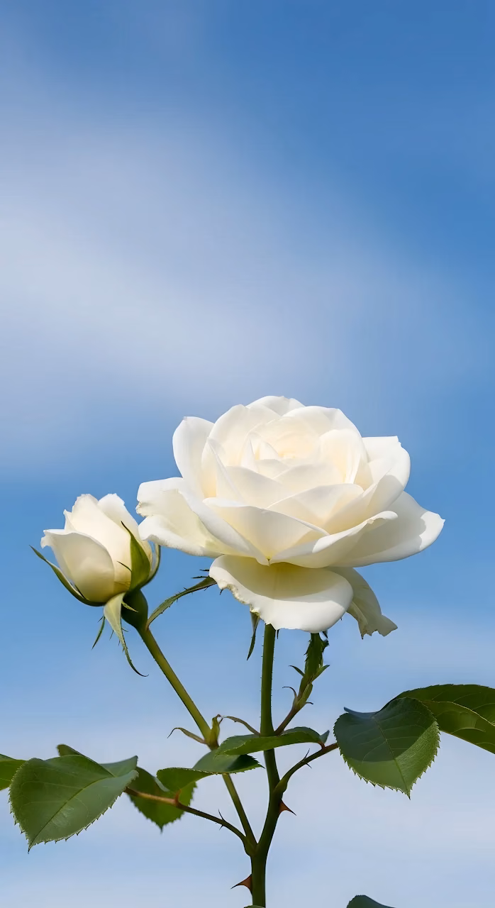 Pristine White Rose and Bud Against Bright Blue Sky - Free Mobile AMOLED Wallpaper Background