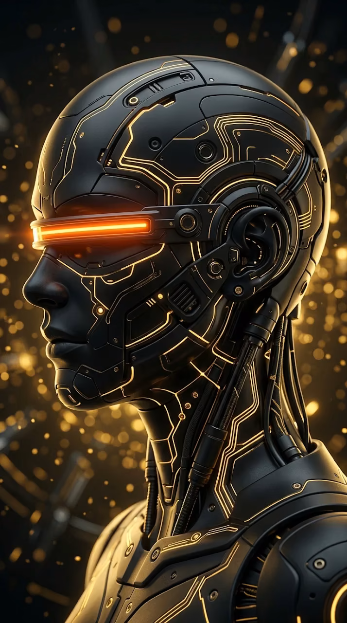 Profile of a Cybernetic Android with Glowing Gold Circuits - Free Mobile AMOLED Wallpaper Background