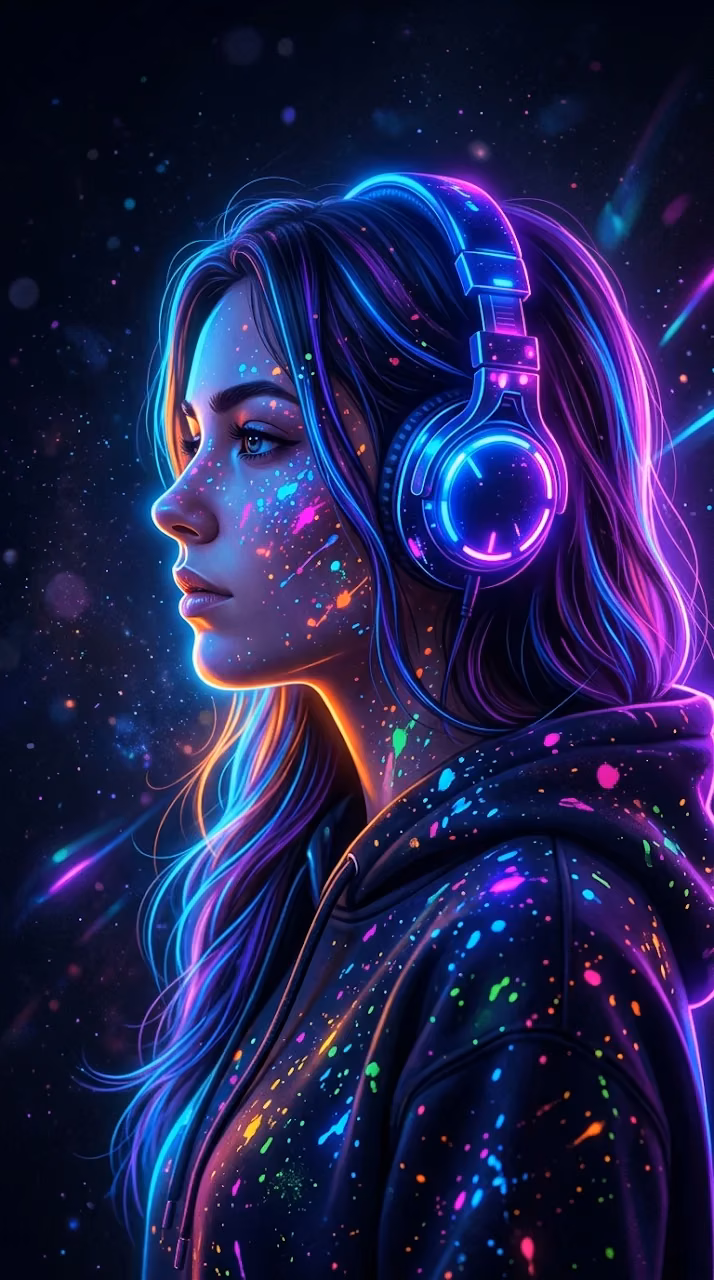Profile of a Woman with Headphones and Colorful Neon Paint Splatters - Free Mobile AMOLED Wallpaper Background