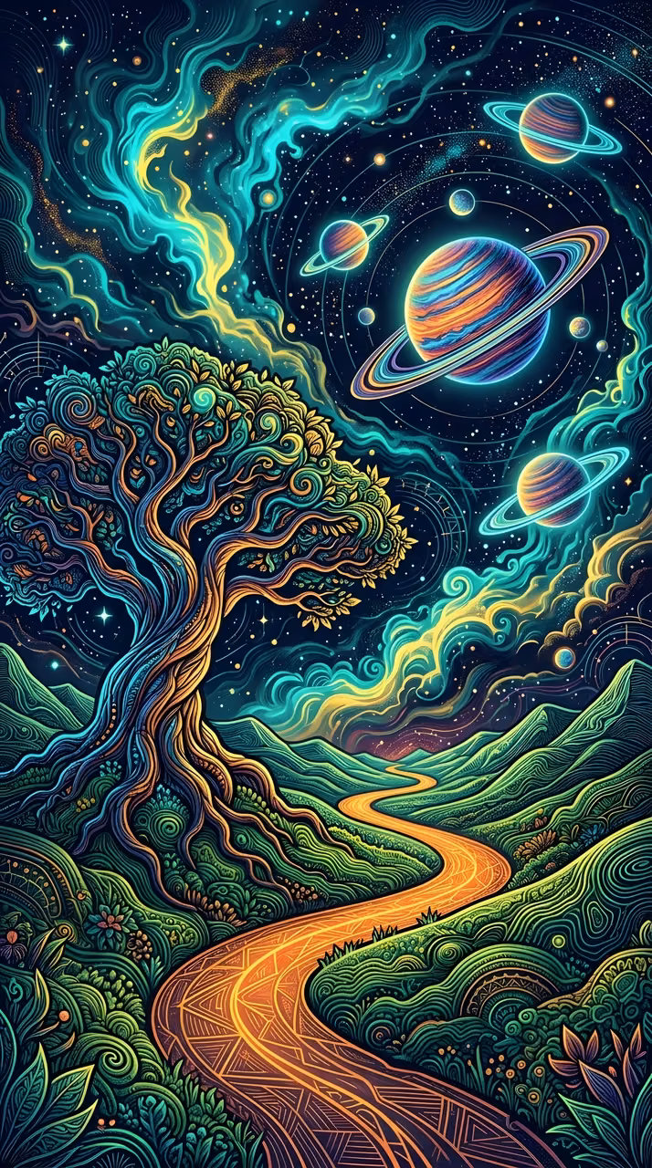 Download Psychedelic Abstract Illustration of a Tree and Planets in a Swirling Sky Wallpaper in Mobile HD Psychedelic Abstract Illustration of a Tree and Planets in a Swirling Sky - Free Mobile AMOLED Wallpaper Background