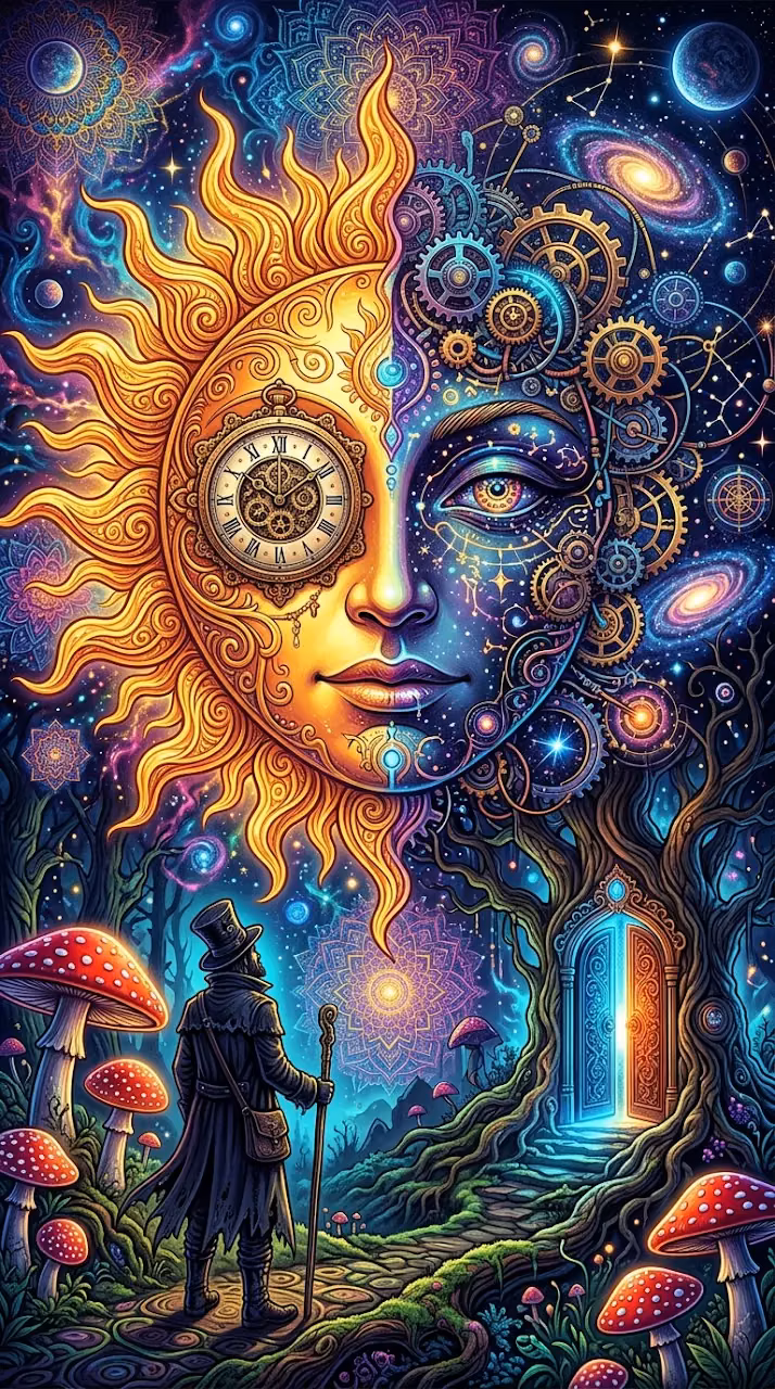 Psychedelic Portrait Art with Roman Numeral Clock and Fantasy Mushrooms - Free Mobile AMOLED Wallpaper Background