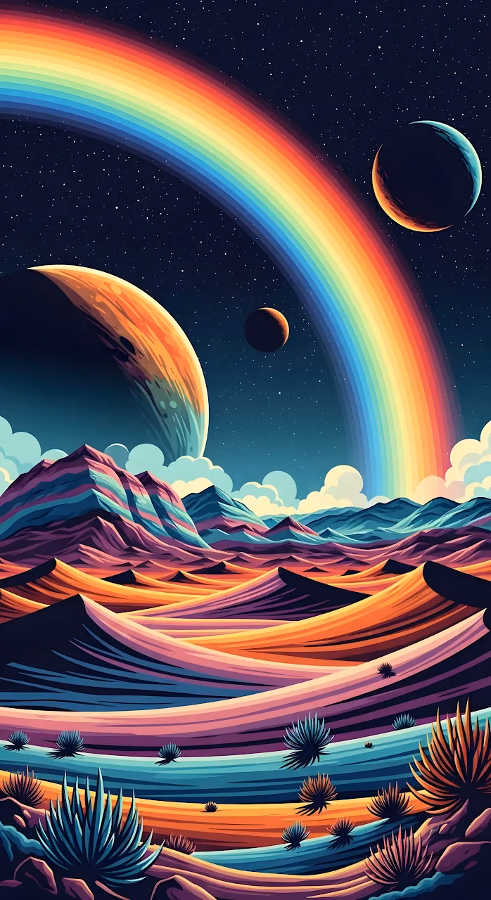 Psychedelic Rainbow Alien Planet Synthwave Landscape - Free Mobile AMOLED Wallpaper Background