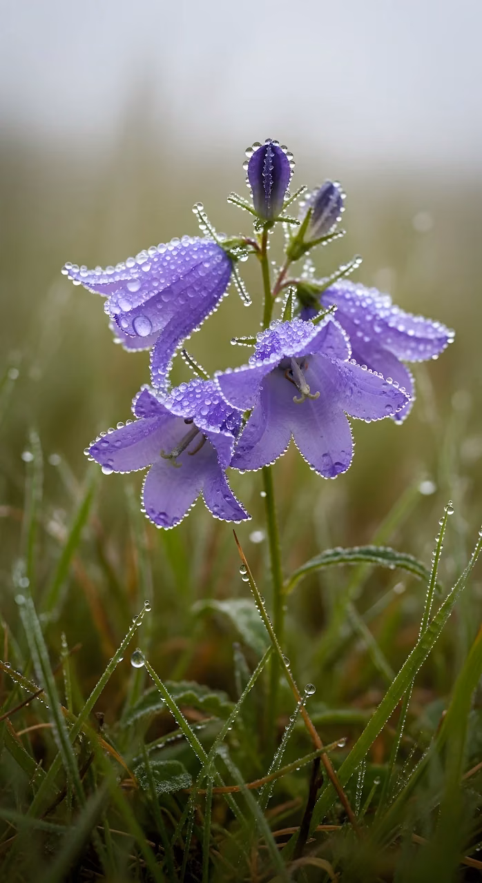 Download Purple Bellflowers Covered in Morning Dew Droplets Wallpaper in Mobile HD Purple Bellflowers Covered in Morning Dew Droplets - Free Mobile AMOLED Wallpaper Background
