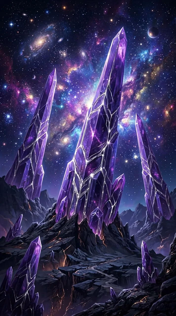 Purple Crystal Spires on Exoplanet Under Starry Universe - Free Mobile AMOLED Wallpaper Background