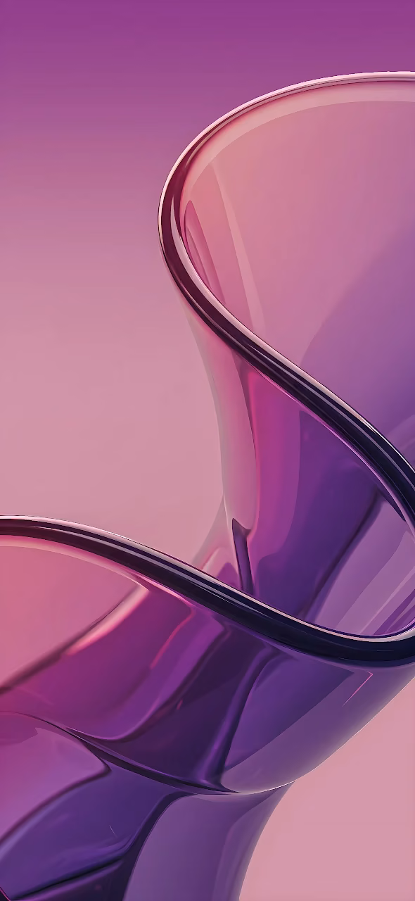 Curving purple glass ribbon displaying reflections and refractions on a pink backdrop.