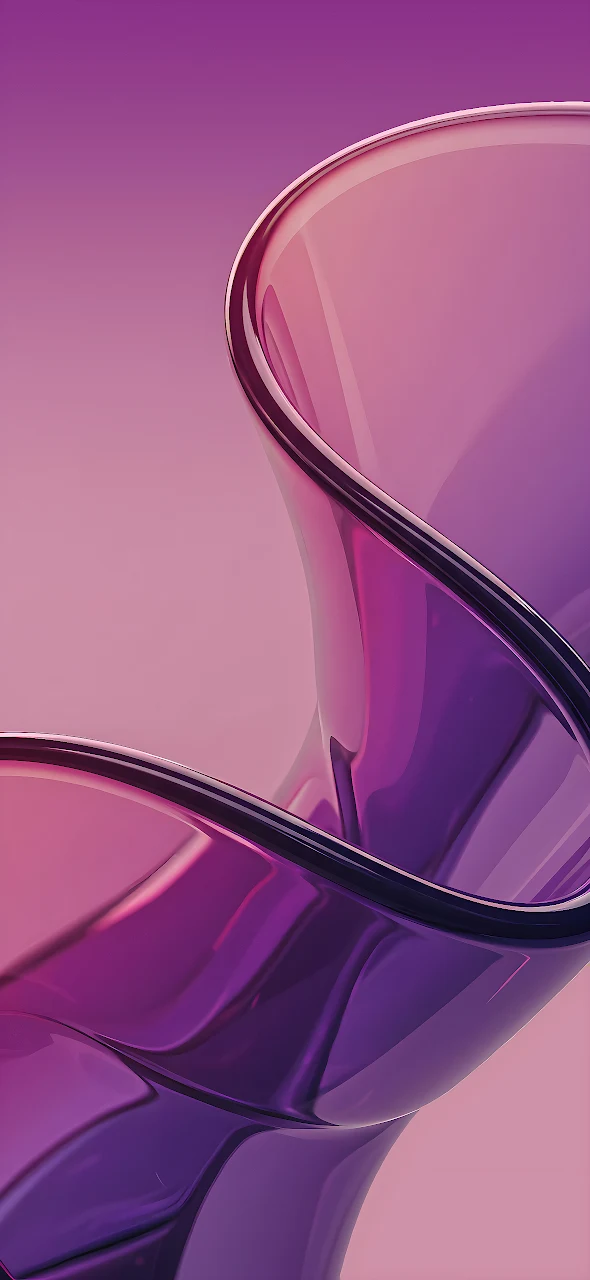 Curving purple glass ribbon displaying reflections and refractions on a pink backdrop.