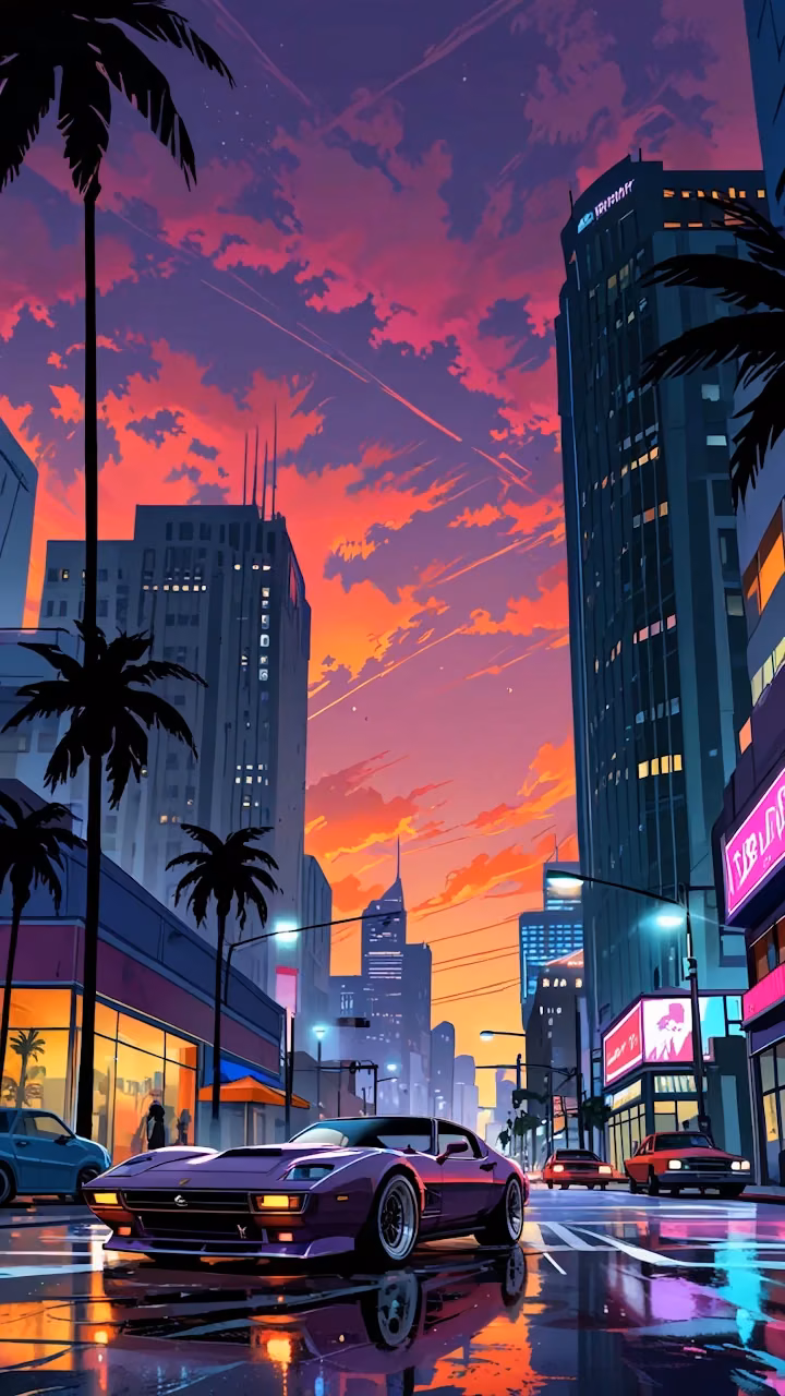 Download Purple Retro Car Driving Through Neon Sunset City Wallpaper in Mobile HD Purple Retro Car Driving Through Neon Sunset City - Free Mobile AMOLED Wallpaper Background