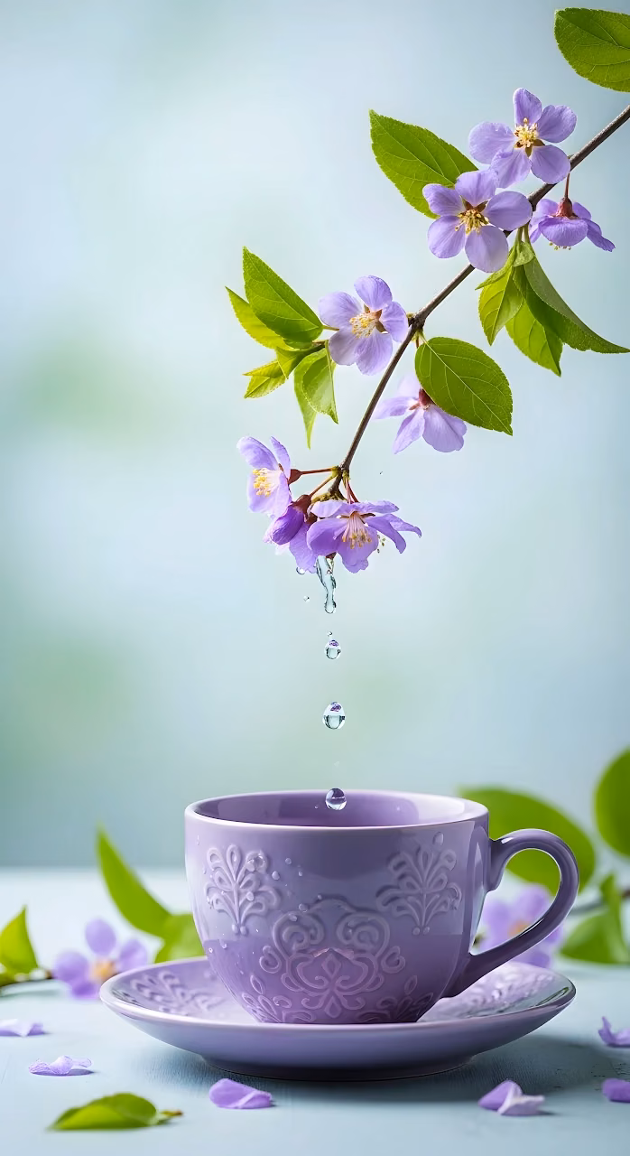 Purple Spring Blossoms Dripping Water into Tea Cup - Free Mobile AMOLED Wallpaper Background