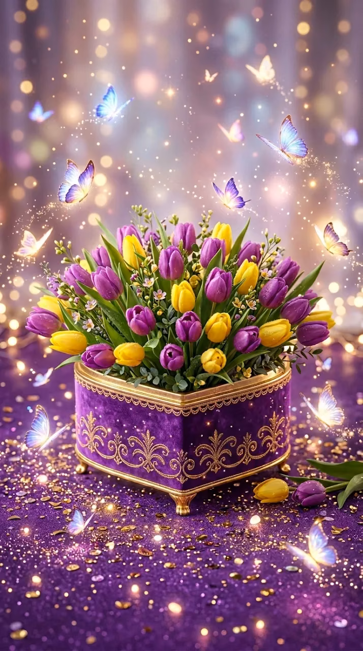 Download Purple and Yellow Tulips in a Heart-Shaped Gift Box with Butterflies Wallpaper in Mobile HD Purple and Yellow Tulips in a Heart-Shaped Gift Box with Butterflies - Free Mobile AMOLED Wallpaper Background