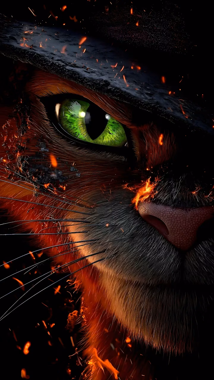 Download Puss In Boots Glowing Green Eye Embers 4K Wallpaper in Mobile HD Close-up portrait of Puss in Boots showing a bright green feline eye, black hat, and flying fire embers.
