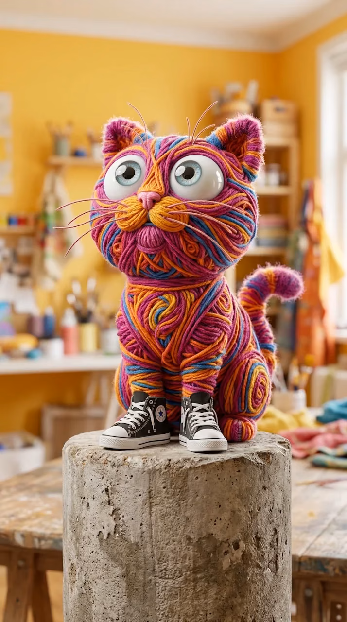 Quirky Knitted Yarn Cat wearing High Top Sneakers Background - Free Mobile AMOLED Wallpaper Background