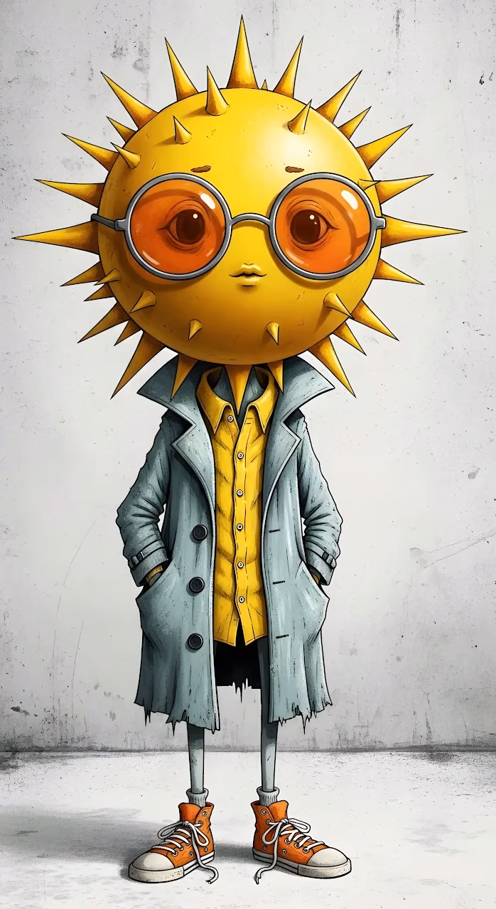 Quirky Spiky Sun Character Urban Trench Coat Fashion - Free Mobile AMOLED Wallpaper Background