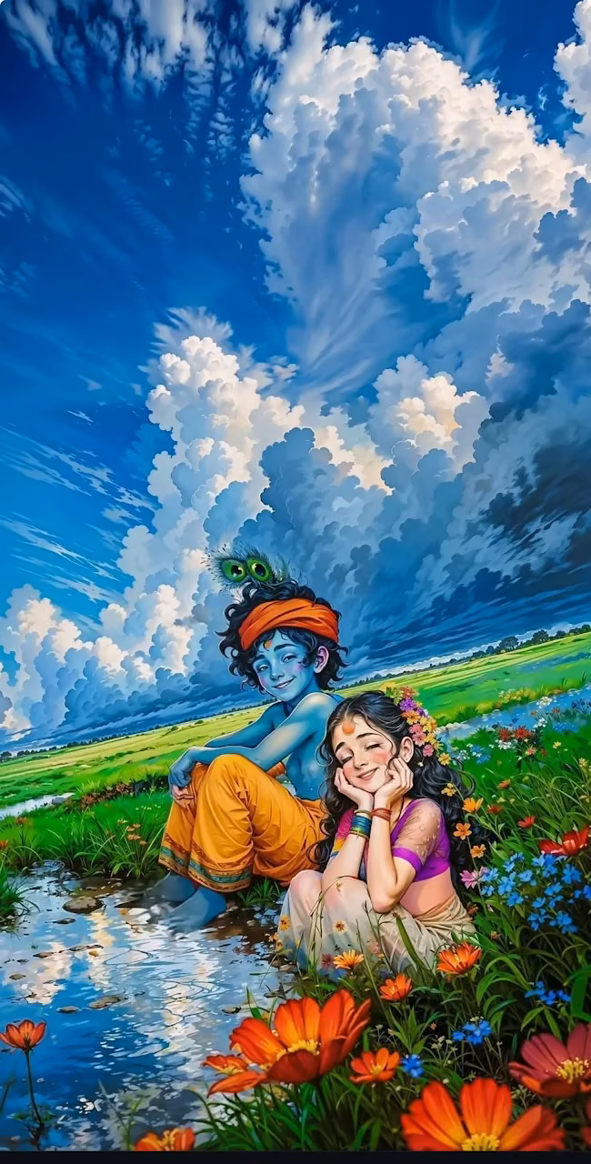 Download Radha Krishna Meadow Illustration Divine Love Art Wallpaper in Mobile HD Radha Krishna Meadow Illustration Divine Love Art - Free Mobile AMOLED Wallpaper Background