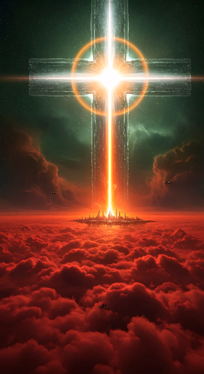 Radiant Crystal Cross Beam Over Red Cloud Cityscape - Free Mobile AMOLED Wallpaper Background