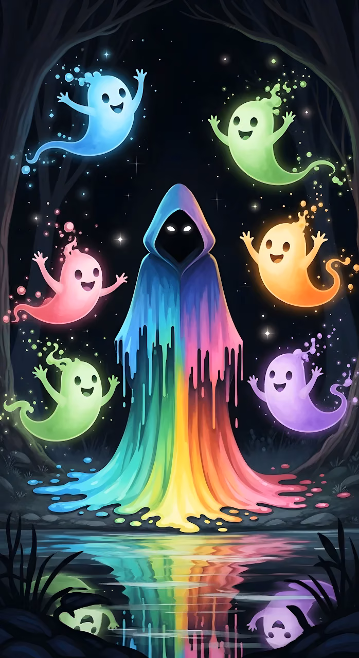 Rainbow Cloak Figure with Happy Glowing Ghosts - Free Mobile AMOLED Wallpaper Background