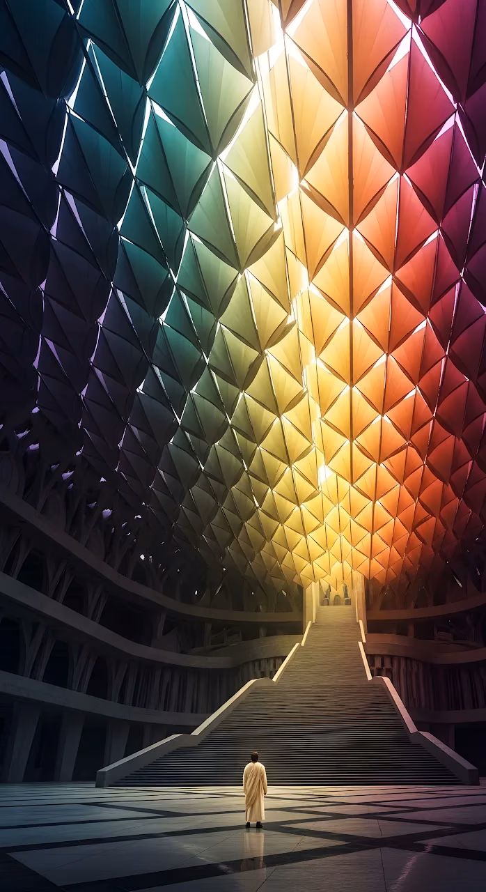 Rainbow Geometric Ceiling in Futuristic Grand Hall - Free Mobile AMOLED Wallpaper Background