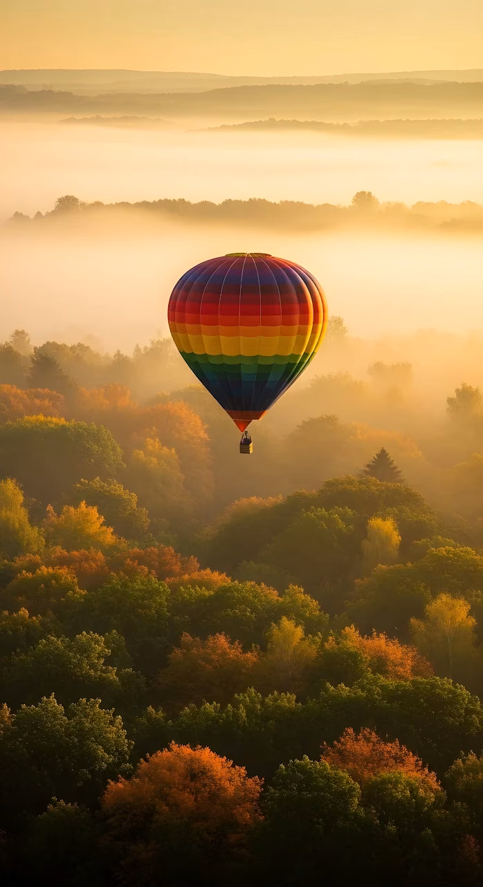 Rainbow Hot Air Balloon Flying Over Misty Autumn Forest Sunrise - Free Mobile AMOLED Wallpaper Background