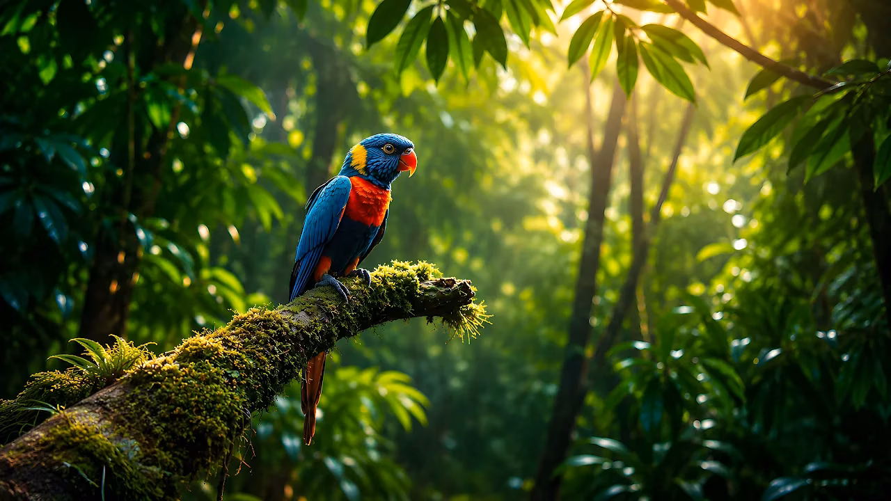 Rainbow lorikeet perching on a moss-covered tree branch in a dense tropical rainforest.