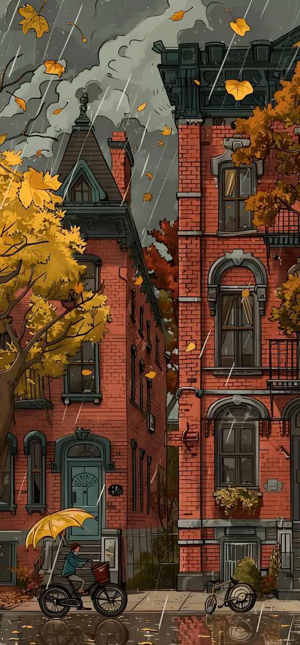Rainy Autumn Day City Street Red Brick Townhouses Illustration - Free Mobile AMOLED Wallpaper Background
