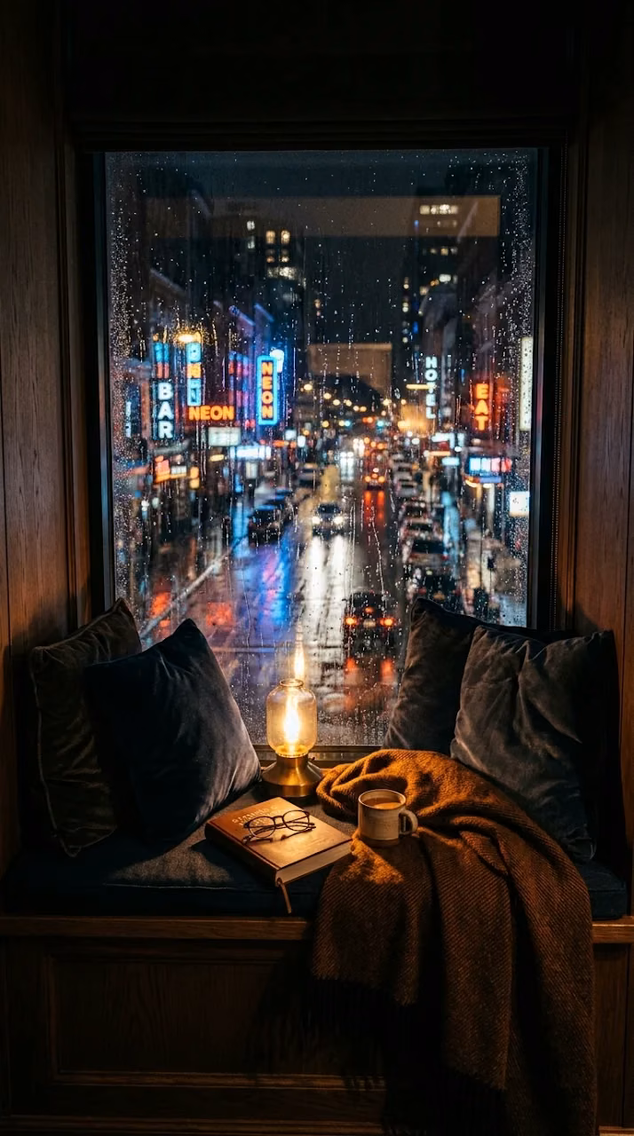 Rainy Boutique Hotel Window Seat Neon Street View Wallpaper - Free Mobile AMOLED Wallpaper Background
