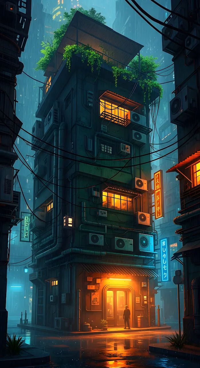 Rainy Cyberpunk Alleyway Building with Neon Glow - Free Mobile AMOLED Wallpaper Background