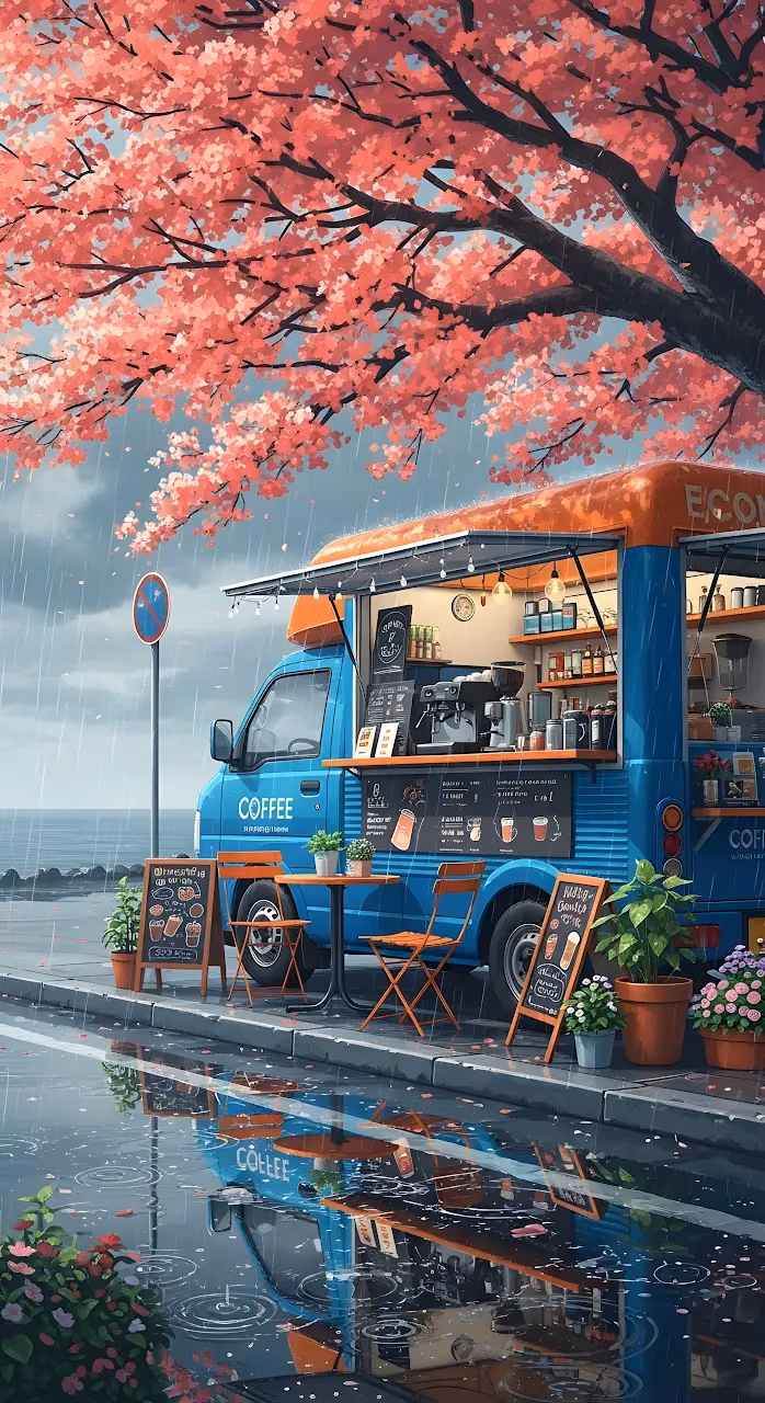 Rainy Day Coffee Food Truck Under Pink Cherry Blossoms Anime - Free Mobile AMOLED Wallpaper Background