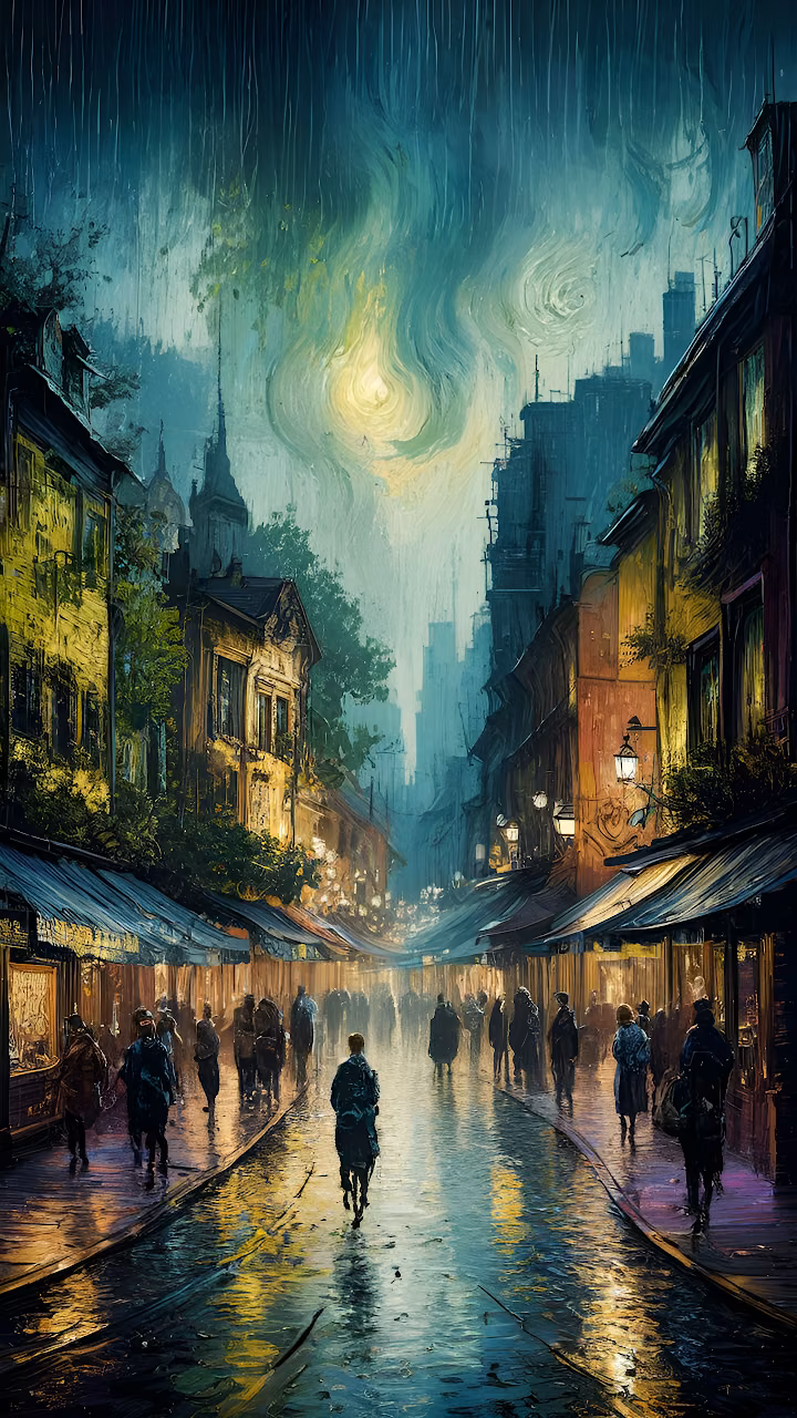Rainy European City Street Painting Van Gogh Style Night Scene - Free Mobile AMOLED Wallpaper Background