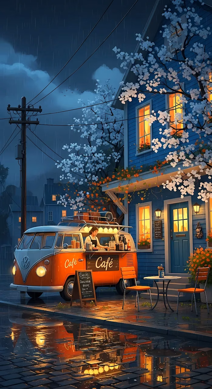 Download Rainy Evening Cafe Van Outside a Blue House with Blossoms Wallpaper in Mobile HD Rainy Evening Cafe Van Outside a Blue House with Blossoms - Free Mobile AMOLED Wallpaper Background