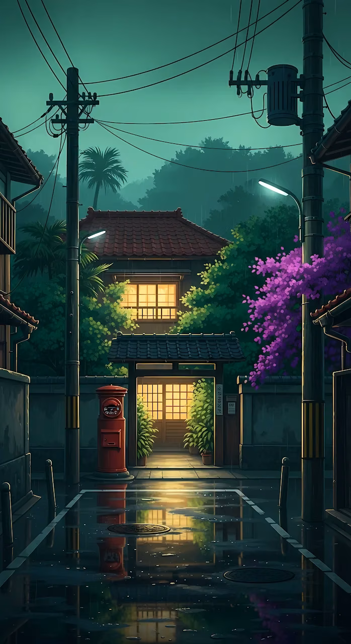 Download Rainy Evening in a Quiet Japanese Residential Street Wallpaper in Mobile HD Rainy Evening in a Quiet Japanese Residential Street - Free Mobile AMOLED Wallpaper Background