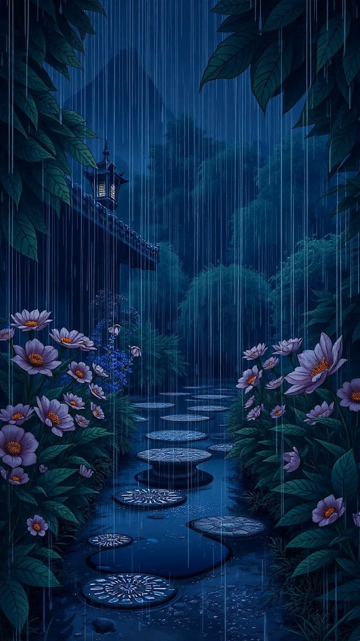 Rainy Garden Path with Stone Steps and Lantern - Free Mobile AMOLED Wallpaper Background