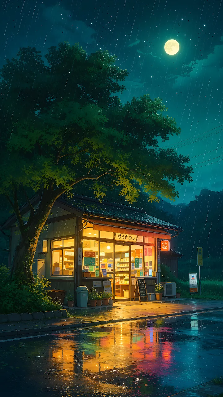 Warm light emanating from a Japanese storefront on a wet asphalt street under rain and a full moon.