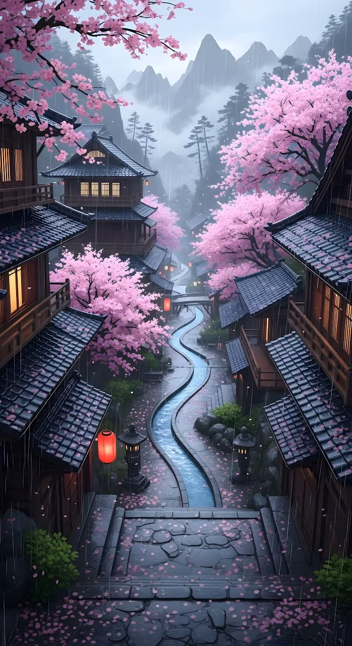 Rainy Sakura Season in Traditional Japanese Village - Free Mobile AMOLED Wallpaper Background