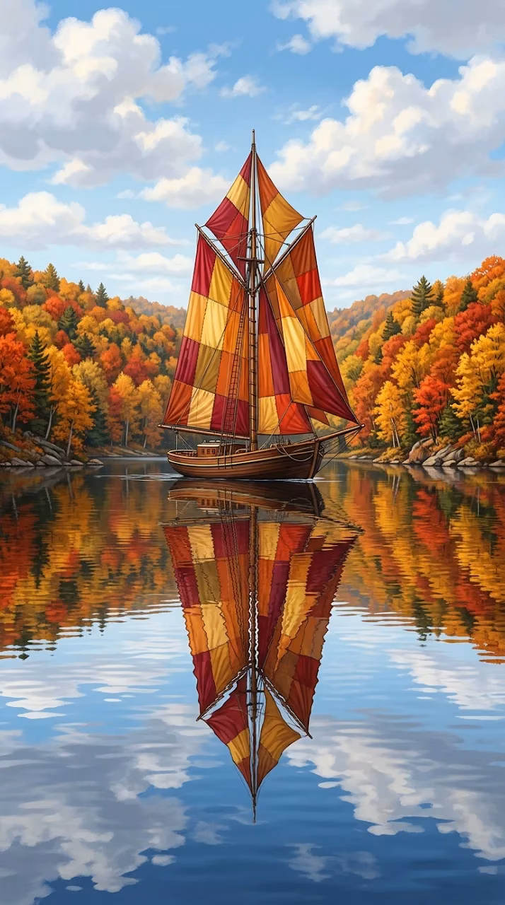Download Realistic Colorful Sailboat on Tranquil Autumn Lake Wallpaper in Mobile HD Realistic Colorful Sailboat on Tranquil Autumn Lake - Free Mobile AMOLED Wallpaper Background