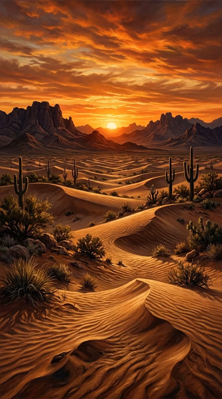 Realistic Desert Landscape at Sunset with Red Sky and Dunes - Free Mobile AMOLED Wallpaper Background