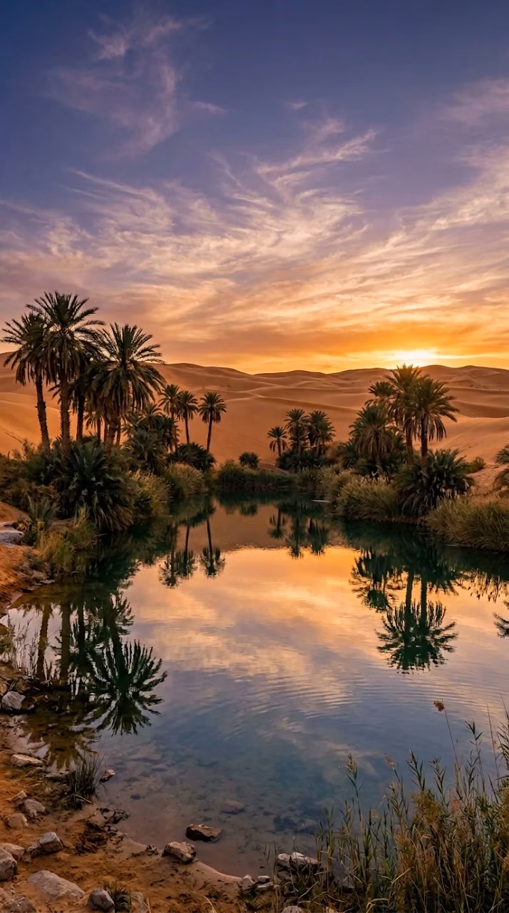 Download Realistic Desert Oasis with Date Palms and Sunset Reflection Wallpaper in Mobile HD Realistic Desert Oasis with Date Palms and Sunset Reflection - Free Mobile AMOLED Wallpaper Background