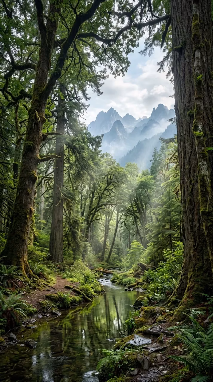 Realistic Magical Forest with Dappled Sunlight and Stream - Free Mobile AMOLED Wallpaper Background